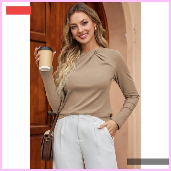 Mock Neck Twist Knot Blouse Long Sleeve Slim Fit Stretch Tee Business Casual - Picture 4 of 4